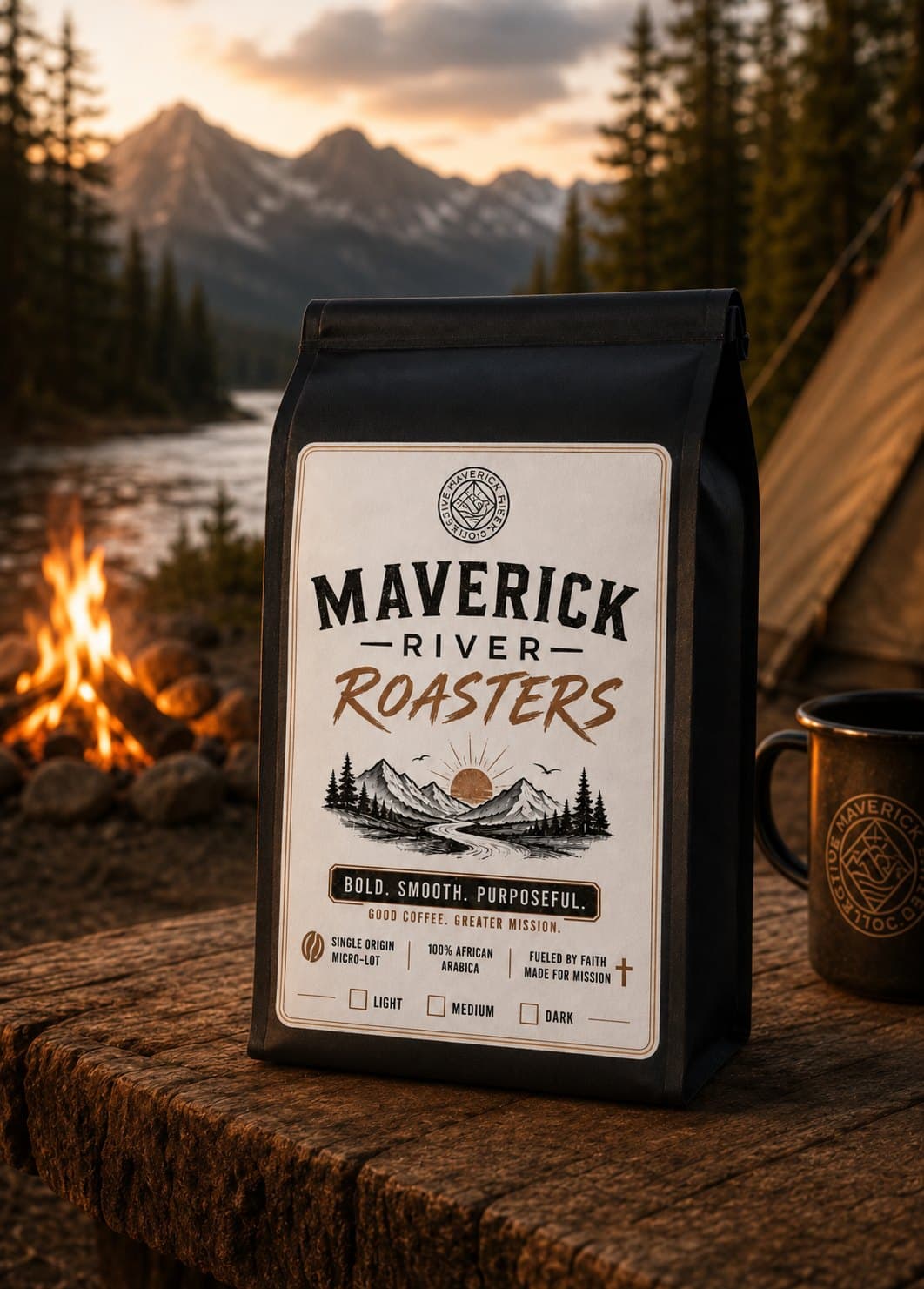 A bag of Maverick River Roast beside a campfire