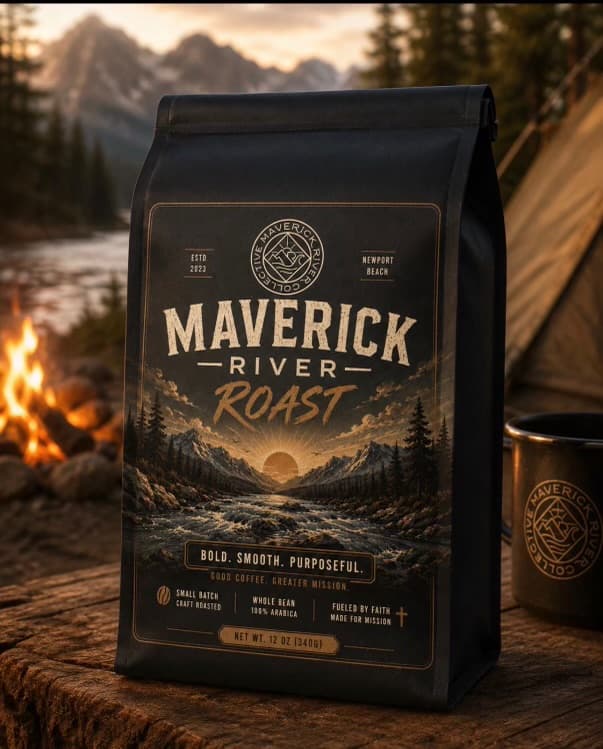 A bag of Maverick River Roast beside a campfire